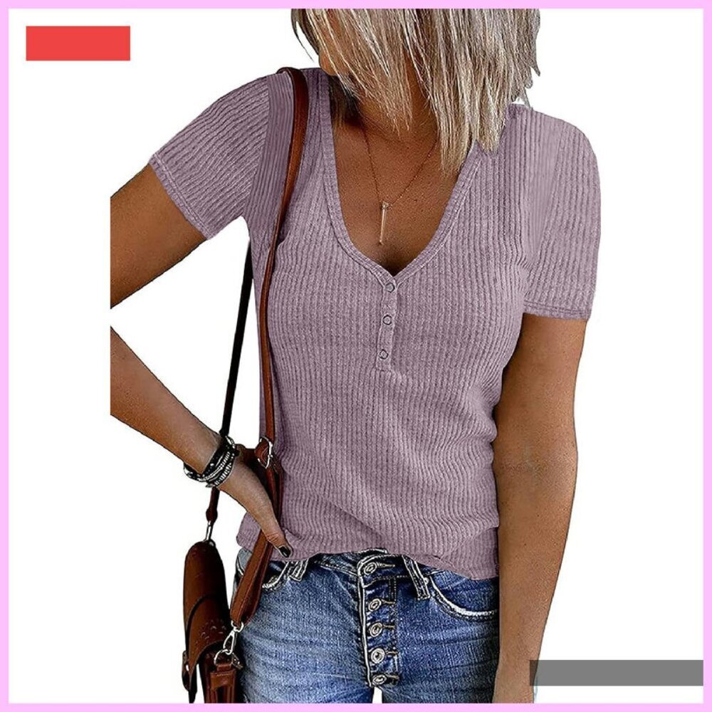 Ribbed V-Neck Henley Knit Top Summer Casual Tee Blouse